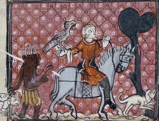The sin of worldly vanities: a rider with his hawk and hound is approached by a devil. One of a set illustrating the temptations, from poems by Matfre Ermengau, ca 1300-1320