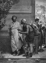 Ostracism in ancient Greece: Aristide and the peasant. An illiterate peasant who does not recognize the Athenian statesman Aristide the Righteous, strikes with ostracism, asks him to write his name on a shank. Engraving after the painting by Eugene Erne