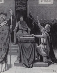 Harold Godwinson swearing an oath on sacred relics to support William, Duke of Normandy
