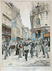 France, Paris, Newspaper vendor in rue du Croissant on corner of rue du Faubourg Montmartre in Paris by Ernest Grenier