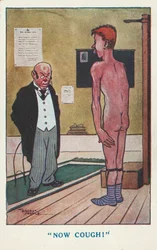 Doctor asking a naked man to cough during a medical examination