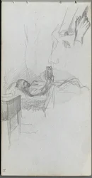 Sketchbook, Page 71: Study of a Figure Reading in Bed, Study of a Hand