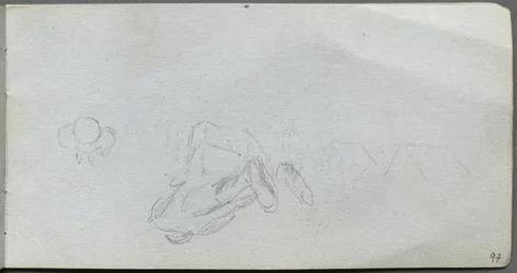 Sketchbook, page 97: Study of Figures, Buildings