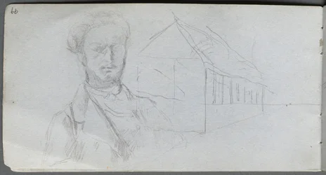 Sketchbook, page 99: Study of Figure, Building