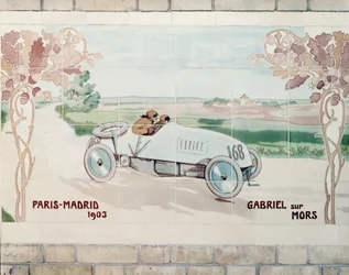 Gabriel driving a Mors car in the Paris to Madrid race of 1903, known as The Race of Death: ceramic tiles manufactured by Gilardoni Fils et Cie of Paris, after a drawing by Ernest Montaut (1878-1909)