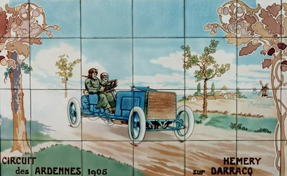 Hemery Driving a Darracq Car in the Circuit des Ardennes of 1905: Ceramic Tiles Manufactured by Gilardoni Fils et Cie of Paris, After a Drawing by Ernest Montaut
