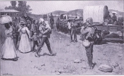 British soldiers assisting Boer refugees (illustration from After Pretoria: The Guerilla War, 1902)