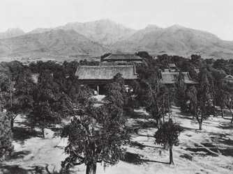 Taianfu, Tai miao, Shantung, View of the Sacred Mount Tai shan over the Great Temple to the north