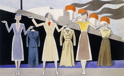 Fashion design showing three female models holding up garments on hangers with a steamer in the background
