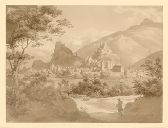 View of a Small Fortified Town and Two Castles in a Mountain Landscape, with a Painter in the Foreground