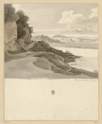 River Landscape with a Path along a Rocky Bank near Aqua Acetosa