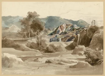 Italian Landscape with Stream, Trees and a House by the Road, and a Rugged Rock Formation. Camel near Sora