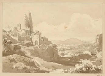 Landscape in the Alban Hills, with a gate and a church on the elevation to the left