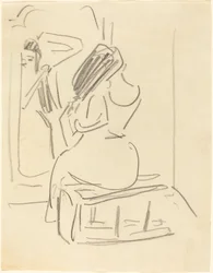 A Woman Combing Her Hair in Front of a Mirror