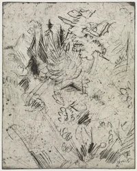 Mountain slope with huts and fir trees / Nude girl with young cats