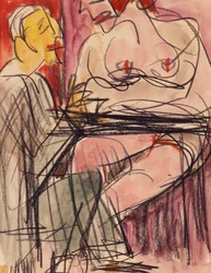 Female Nude and Man Sitting at a Table