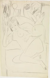 Female Nude Crouching in an Armchair with Wooden Figures