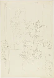 Interior with Flower Vase, Woman and Cat