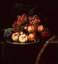 Peaches on a Pewter Plate with Grapes and a Fig on a Draped Ledge