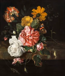 Roses with a Butterfly, Bluebottle and a Snail on a Stone Ledge