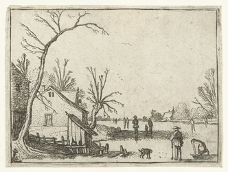Farmhouse by Frozen River and Skaters on the Ice