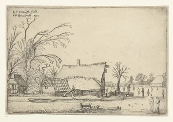 Farm by Frozen River with Skaters (Horizontal Landscapes)