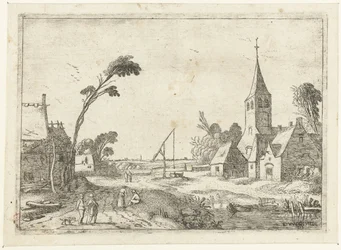 Village Scene with Farms, Church, and Well