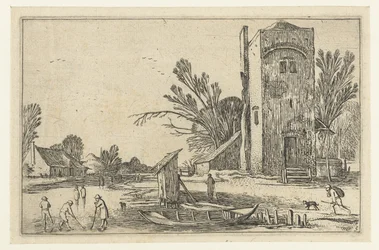 Square Tower by a Frozen River with Colf Players (series title: Horizontal Landscapes)