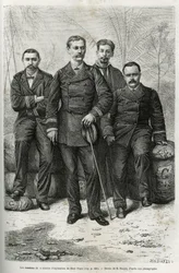 Members of the exploration mission: Mr. Pietri, Commander Gallieni, Dr. Tautain (engraving by Riou)