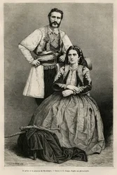 Portraits of Prince Nicholas I Petrović-Njegoš of Montenegro (1841-1921) and his wife, Milena, born Vukotić (1847-1923), drawing by E. Ronjat to illustrate the journey to Montenegro in 1874 by Charles Yriarte (1832-1898). Engraving in Le Tour du