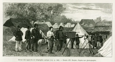 Review of optical telegraphy apparatus. Engraving by E.Ronjat, to illustrate the story 