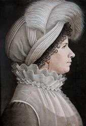Portrait of a woman wearing a hat decorated with a feather