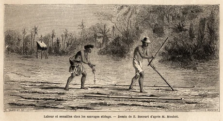 Ploughing and sowing among the savages Stiengs, inhabitants of the forests of Cambodia, drawing by E.Bocour, to illustrate Henri Mouhot