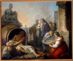 Diogenes breaking his bowl. Diogenes of Sinope, called the Cynic (413-327 BC), Greek philosopher, abandons his bowl after seeing a child drink water from his hands at the fountain. Painting by Étienne Jeaurat (1699-1789), 18th century. Height 1.62 x 1.95