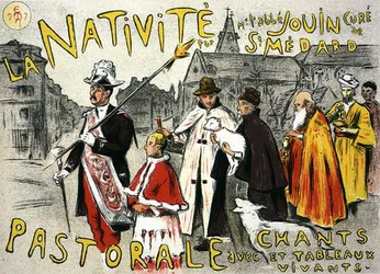Reproduction of a poster advertising a Nativity with songs and living pictures