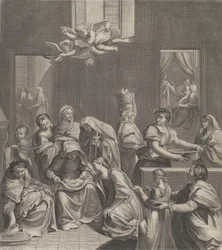 The Birth of the Virgin, Woman Seated with an Infant in Her Lap, Numerous Women Surrounding