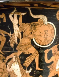 Bell crater representing the destruction of Troy: detail depicting Neoptoleme throwing Astyanax over the walls