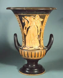 Calyx-krater (large vase) by the Berkeley Painter depicting a winged spirit. Red-figure pottery. Etruscan Civilisation, 4th Century BC