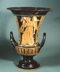 Calyx-krater (large vase) by the Berkeley Painter depicting a winged spirit. Red-figure pottery. Etruscan Civilisation, 4th Century BC.