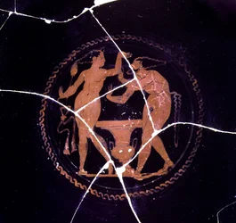 (detail) of a kylix representing a maenad and a satyr, 330-300 BC