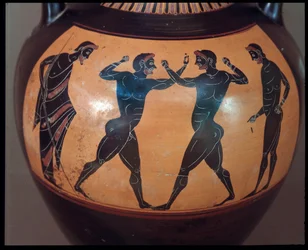 Etruscan Civilization: Terracotta amphora decorated with a scene of pugilism, detail, 550-500 BC, from the Tomb of the Warrior at Vulci, Italy