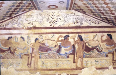 Etruscan Tomb of Leopards, fresco showing banquet scene, Tarquinia. 5th century BC, Italy