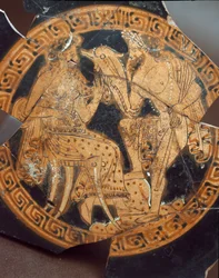 Detail of a kylix representing Poseidon and Amphitrite. From Falerii Veteres (Civita Castellana) 6th century BC. Rome, Museo Nazionale di Villa Giulia