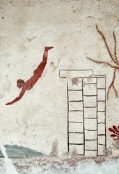 Etruscan art: A young swimmer diving. Fresco of the grave of the diver. (detail) From the southern cemetery of Paestum. 480-470 BC. Museo Archeologico Nazionale, Paestum