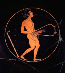 Etruscan art: black terracotta kylix decorated with the representation of a lyre player. From the Tomb of the Greek Vases. Necropolis of Banditaccia. Cerveteri. 6th or 5th century BC. Rome, Museo Nazionale di Villa Giulia