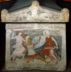 A Greek soldier is attacked by two Amazons (Amazon sarcophagus, end of the 4th century BC)