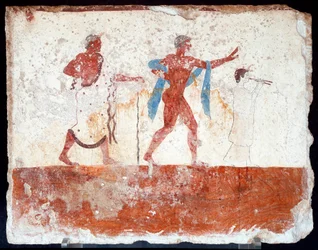Etruscan art: a young ephebe, a musician and a master of ceremonies. Fresco of the grave of the diver. From the southern cemetery of Paestum. 480-470 BC. Museo Archeologico Nazionale, Paestum