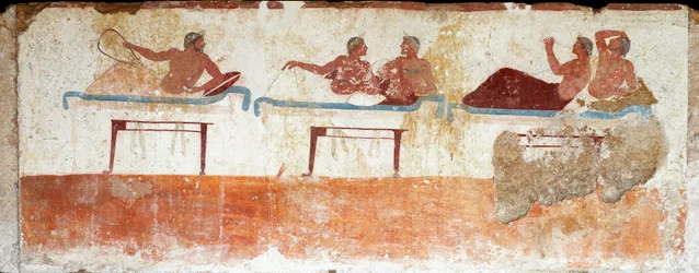 Etruscan art: banquet scene - Fresco from the Tomb of the “Diver”, from the southern cemetery of Paestum, 480-470 BC - National Archaeological Museum, Paestum