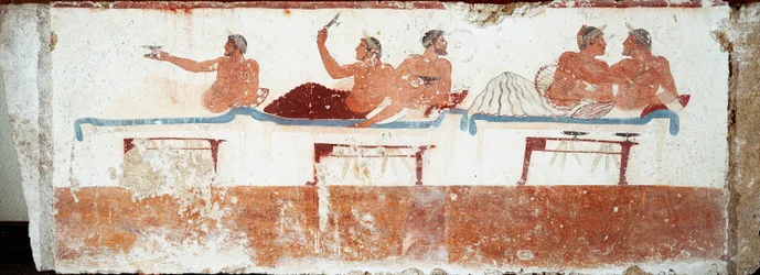 Etruscan art: banquet scene. Fresco from the tomb of the "Diver". From the southern cemetery of Paestum. 480-470 BC. National Archaeological Museum, Paestum