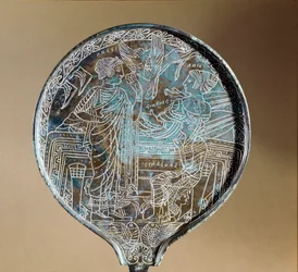 Etruscan art: back of a bronze mirror: Aphrodite persuaded Helen to follow Paris to Troy. 5th century BC. Rome, Museo Nazionale di Villa Giulia